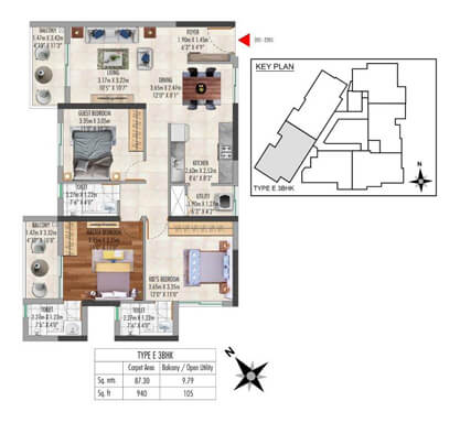 Kolte-Patil - Lakeside24-TYPE E - 3 BHK